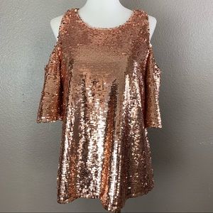 INC rose gold sequin peek-a-boo shoulder blouse